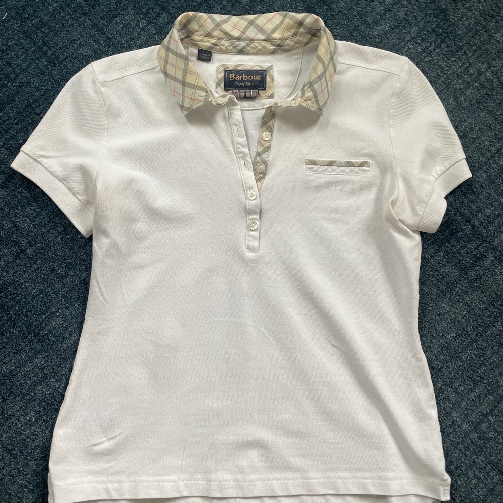 Barbour dress tartan trim white short sleeved polo shirt